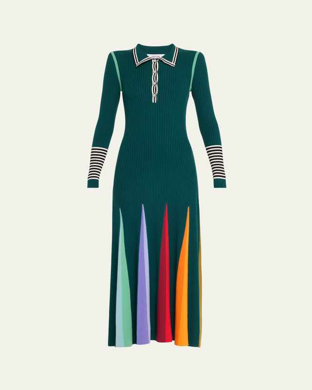 Stripe Ribbed Long Sleeve Maxi Polo Dress